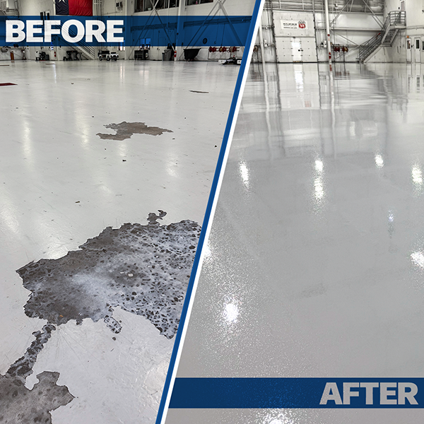 Side-by-side comparison of a warehouse floor, showing damaged and stained concrete on the left labeled "Before" and a smooth, newly refinished surface on the right labeled "After.