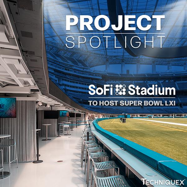 Interior view of SoFi Stadium with seating and tables, overlaid text announcing SoFi Stadium as host for Super Bowl LXI.