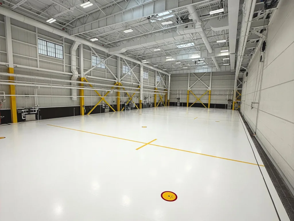 Large, empty indoor gymnasium with white floor, yellow lines, high ceiling, exposed beams, and structural supports. Bright lighting and visible HVAC ducts overhead.