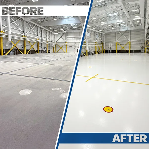 Side-by-side comparison of a warehouse floor before and after renovation; the left shows a plain concrete floor, the right shows a clean, freshly coated white floor with yellow markings.