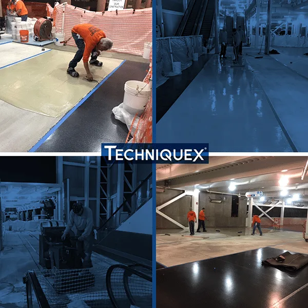 Workers apply and finish flooring in an industrial setting across four images, with Techniquex branding in the center.