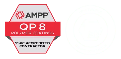 Hexagonal AMPP QP 8 Polymer Coatings badge with "SSPC Accredited Contractor" text, next to a faded ISNetworld Member Contractor logo—ideal for professionals in resinous flooring systems.