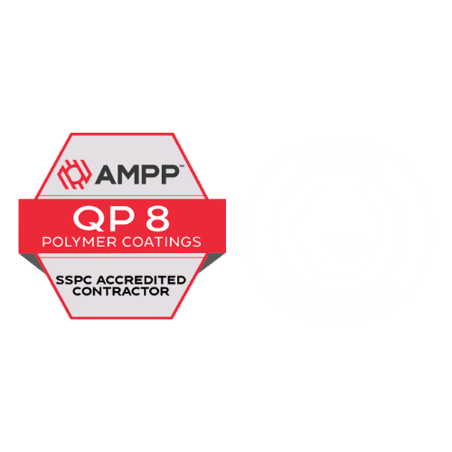 Hexagonal AMPP QP 8 Polymer Coatings badge with "SSPC Accredited Contractor" text, next to a faded ISNetworld Member Contractor logo—ideal for professionals in resinous flooring systems.