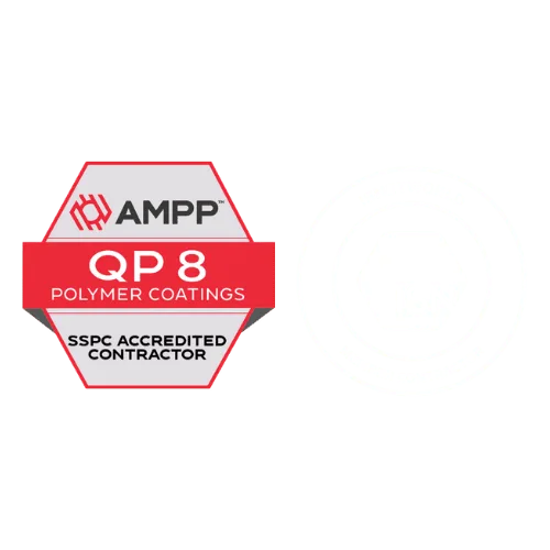 Hexagonal AMPP QP 8 Polymer Coatings badge with "SSPC Accredited Contractor" text, next to a faded ISNetworld Member Contractor logo—ideal for professionals in resinous flooring systems.