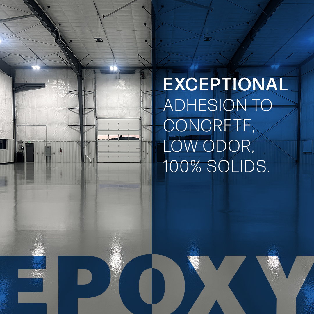 A large industrial space with shiny epoxy flooring; text reads “Exceptional adhesion to concrete, low odor, 100% solids.” Half the image has a blue overlay, providing a modern contrast that highlights the ongoing debate of polyaspartic vs epoxy for superior performance.