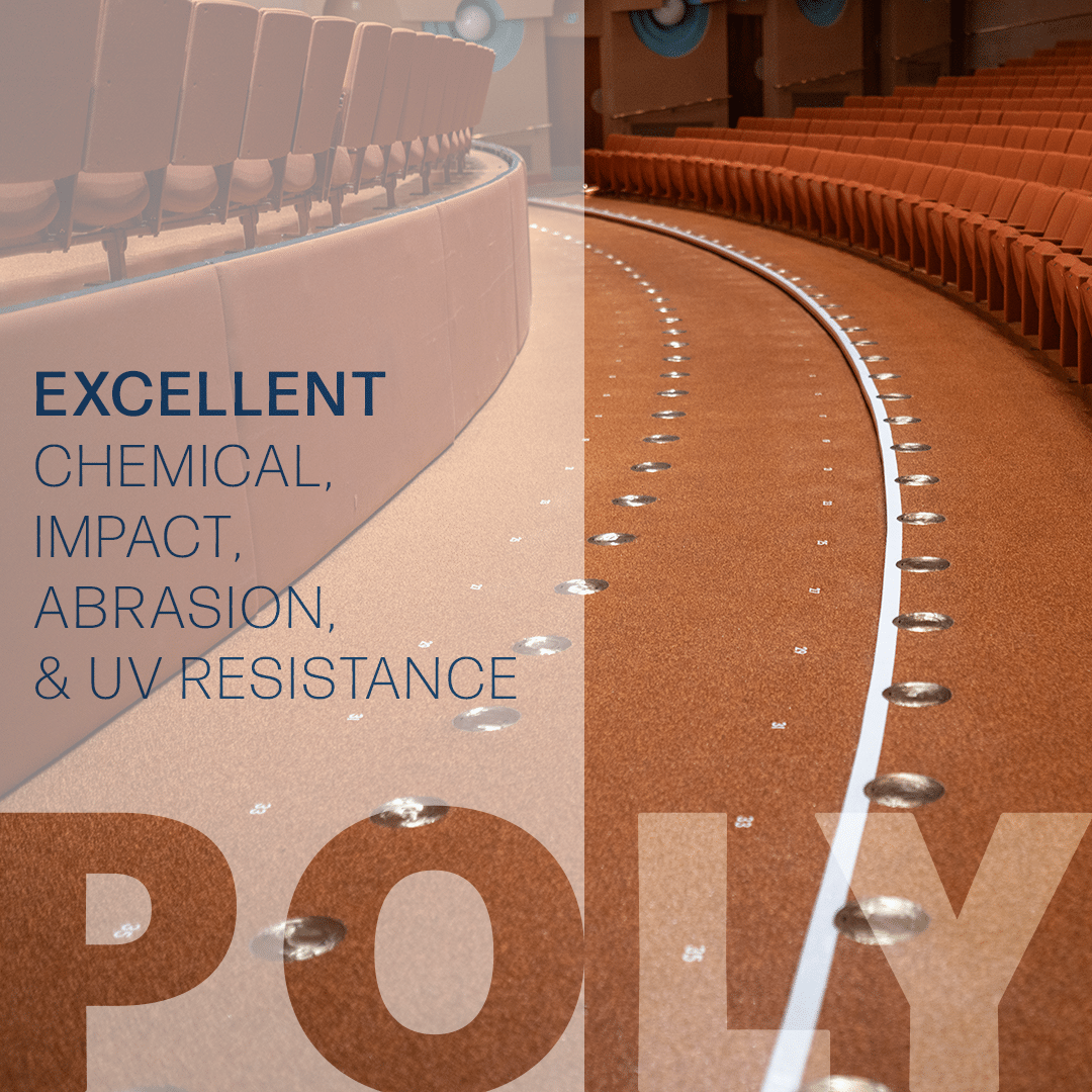Curved rows of empty brown auditorium seats beside a carpeted aisle with metallic floor fixtures; text highlights the material resistance qualities, discussing the benefits of polyaspartic vs epoxy flooring in high-traffic public spaces.