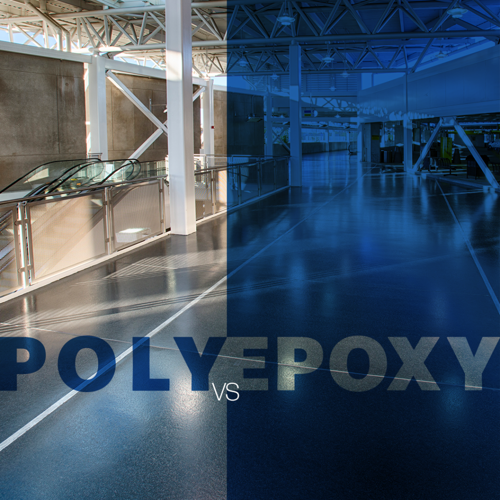 A large indoor area with a split floor showing a comparison between polished concrete (left) and epoxy coating (right), labeled “POLY VS EPOXY,” visually highlighting the key differences in the polyaspartic vs epoxy debate.