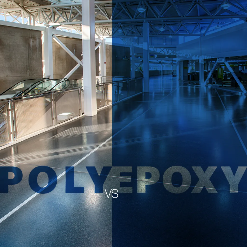 A large indoor area with a split floor showing a comparison between polished concrete (left) and epoxy coating (right), labeled “POLY VS EPOXY,” visually highlighting the key differences in the polyaspartic vs epoxy debate.