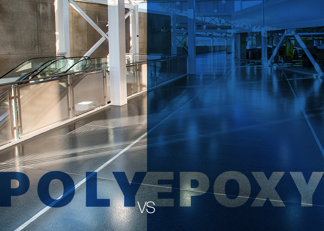 A large indoor area with a split floor showing a comparison between polished concrete (left) and epoxy coating (right), labeled “POLY VS EPOXY,” visually highlighting the key differences in the polyaspartic vs epoxy debate.