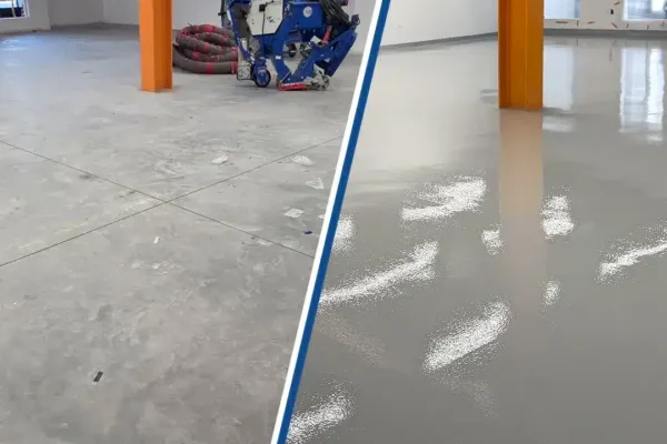 Before-and-after comparison of a concrete floor showing the unfinished surface beside a completed, glossy epoxy-coated floor.