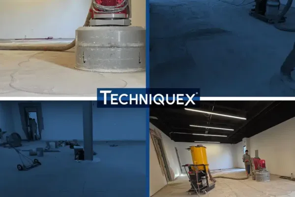A collage showing a worker operating floor grinding equipment in an empty space, with the Techniquex logo in the center.