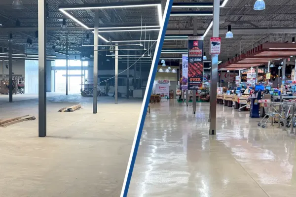 Split-screen comparison of a commercial interior space before and after store installation, featuring a bare concrete floor on the left and a completed, stocked supermarket aisle on the right.