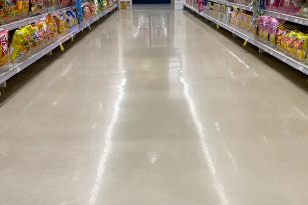 An aisle in a grocery store lined with shelves of snacks and food products.