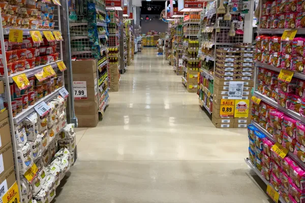 A long, wide aisle in a grocery store, lined with tall shelves stocked with various packaged instant noodles and food products.