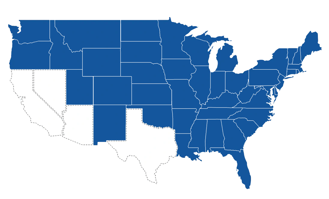 Map of the United States showing regions for resinous flooring contact, with most states colored blue and California, Nevada, Arizona, and Texas left blank.