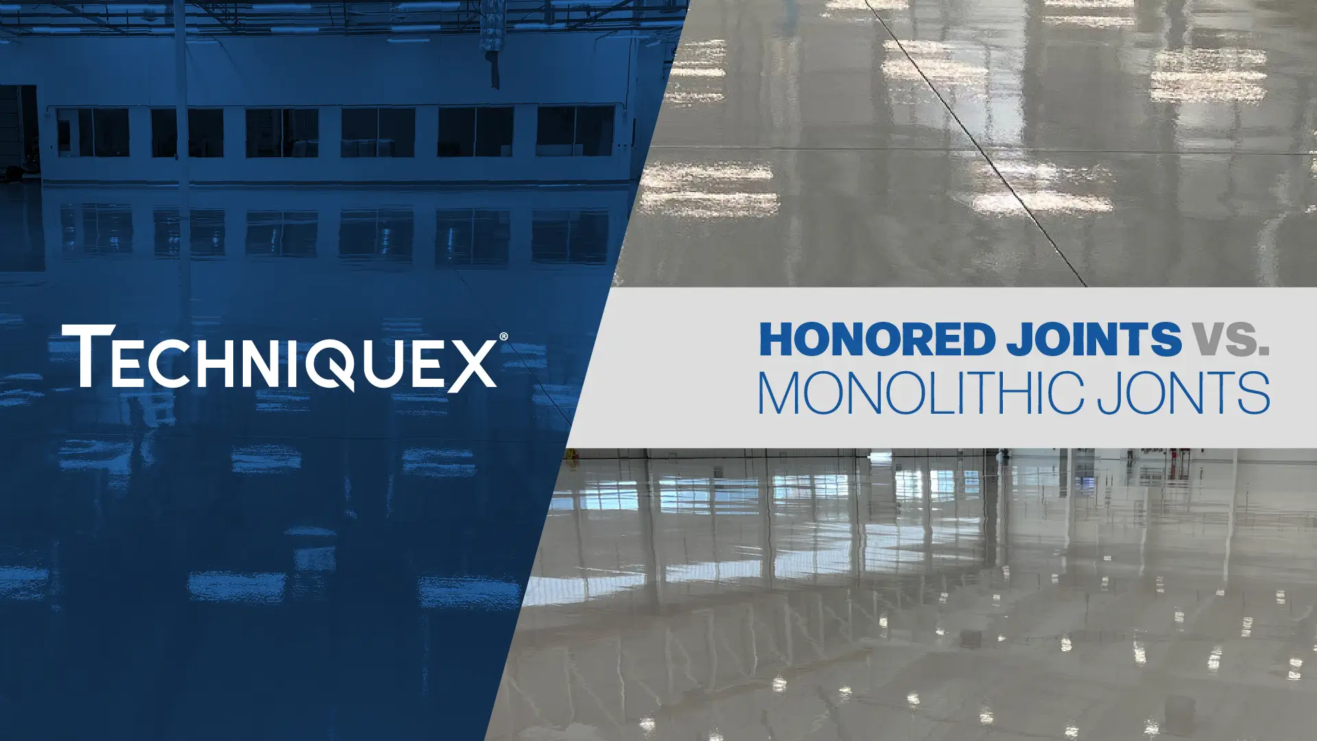 Split-screen Techniquex branding comparing polyaspartic vs epoxy concrete floor finishes, labeled “Honored Joints vs. Monolithic Joints.”
